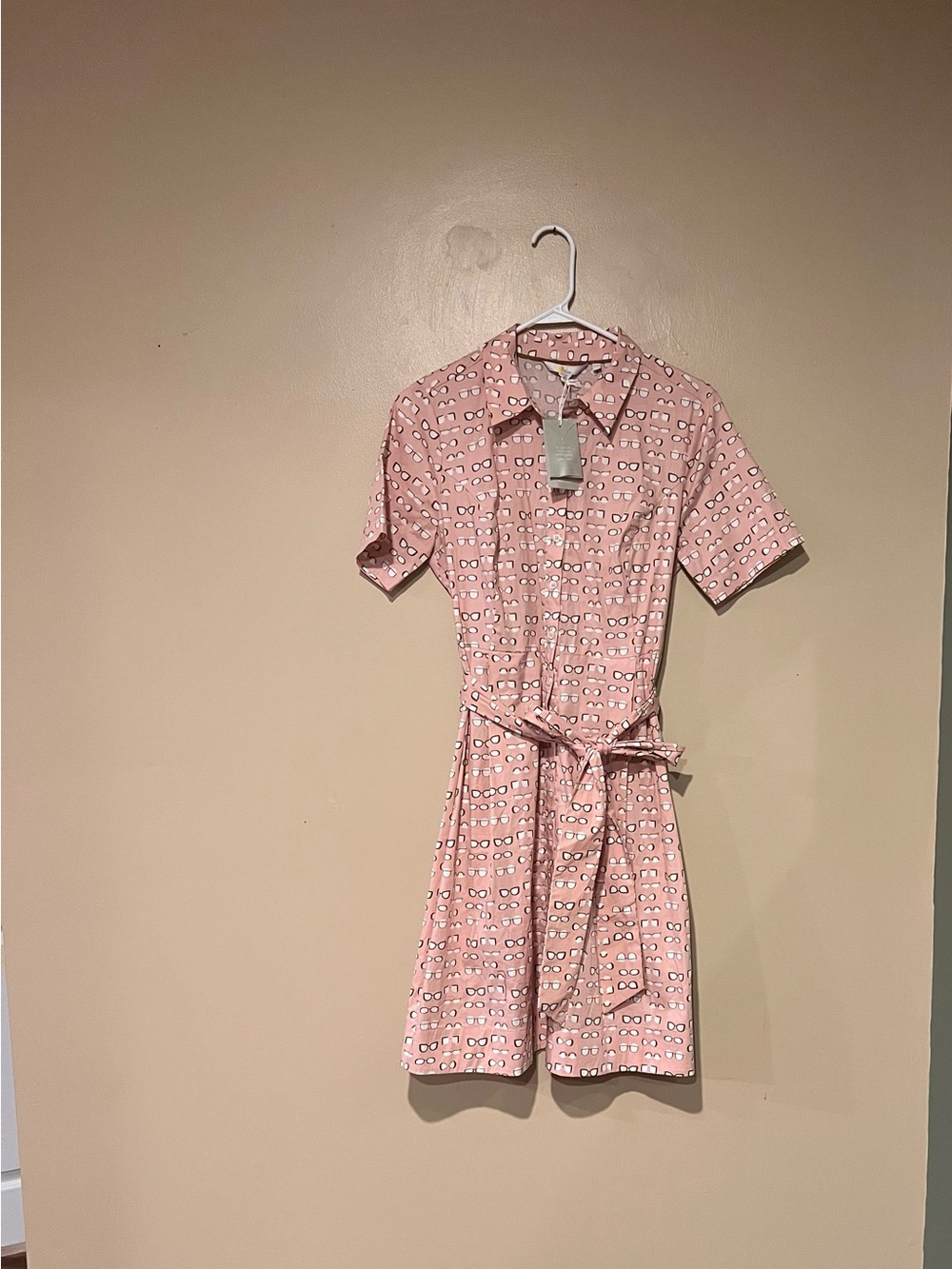Boden Lunette Dress Size 10P Button Down Tie Sash Pockets Whimsical Glasses Pink